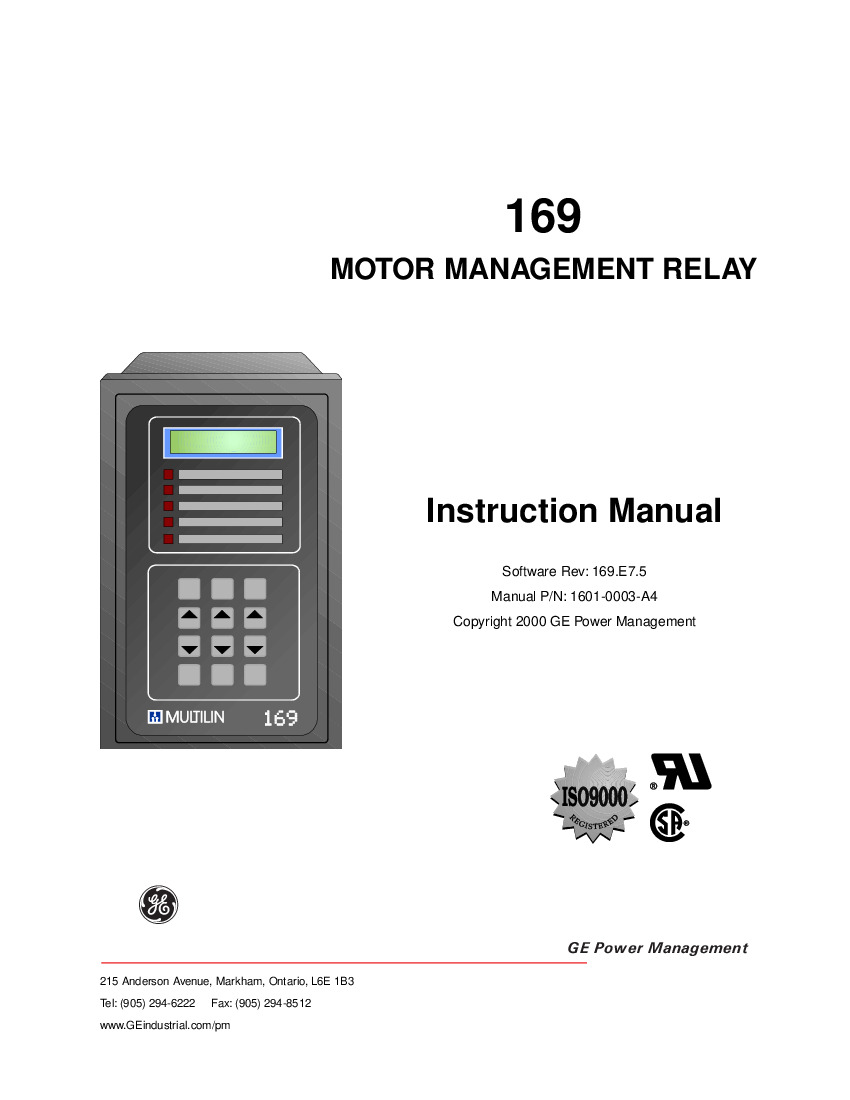 First Page Image of 169-10C-120 GE Multilin 169 Manual 1601-0003-A4.pdf